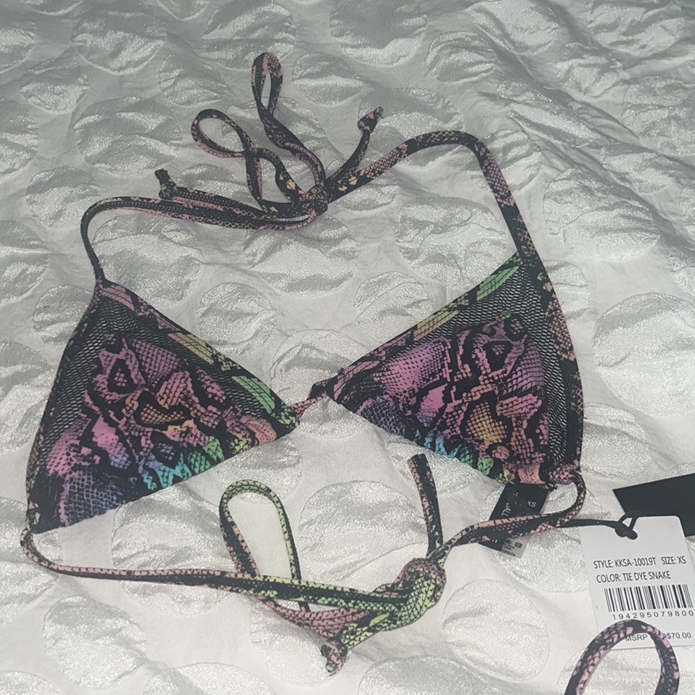 NWOT Kendall + Kylie Tie Dye Snake Mesh Accented String Bikini, Top NWOT Bottom - Picture 6 of 7